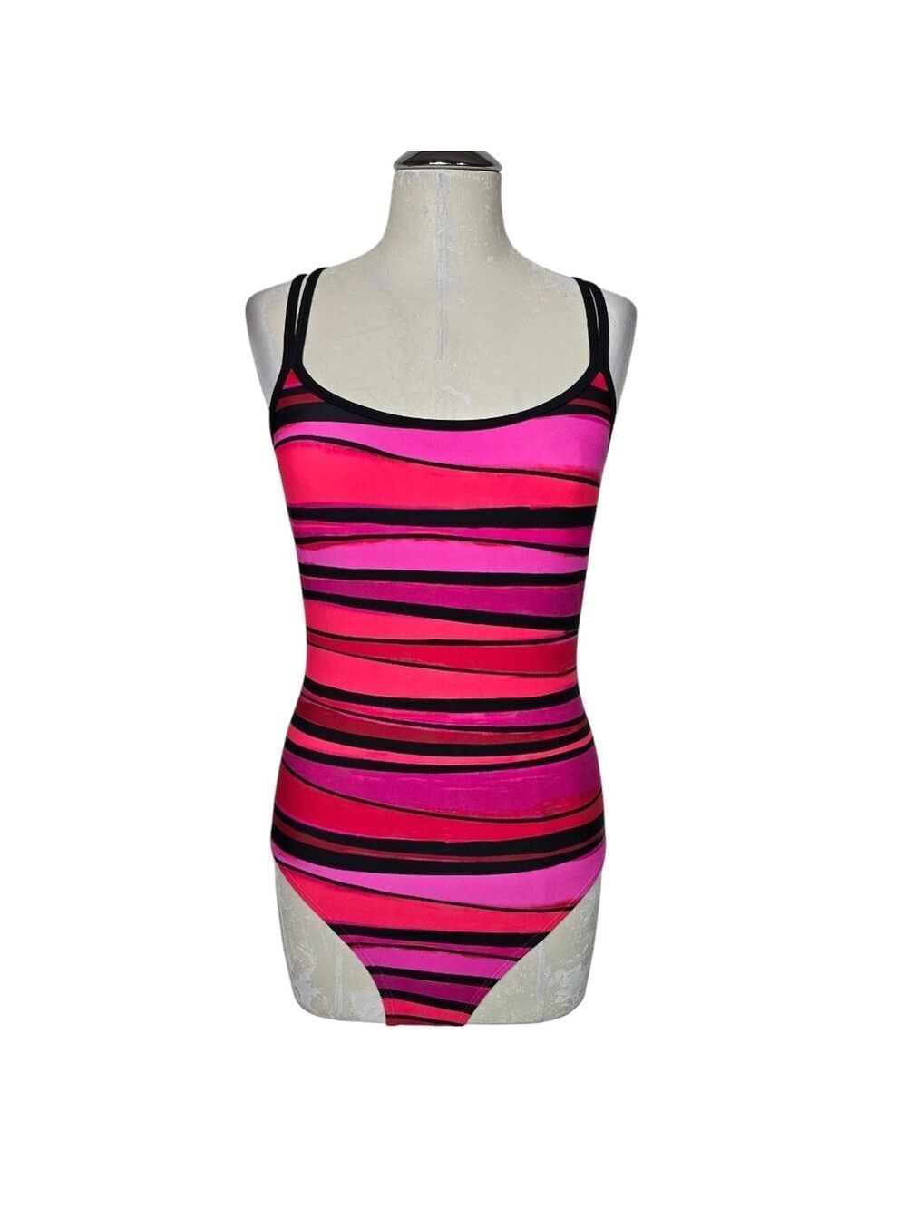 Speedo Pink Red Black Striped Double Criss Cross Strap One Piece Swimsuit 8